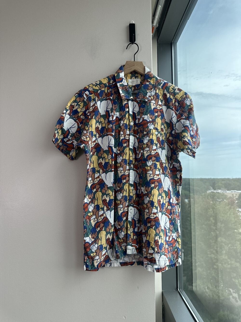 Afeild Short sleeve Button Up Shirt Mens People Multicolour Hawaiian Linen Sz L